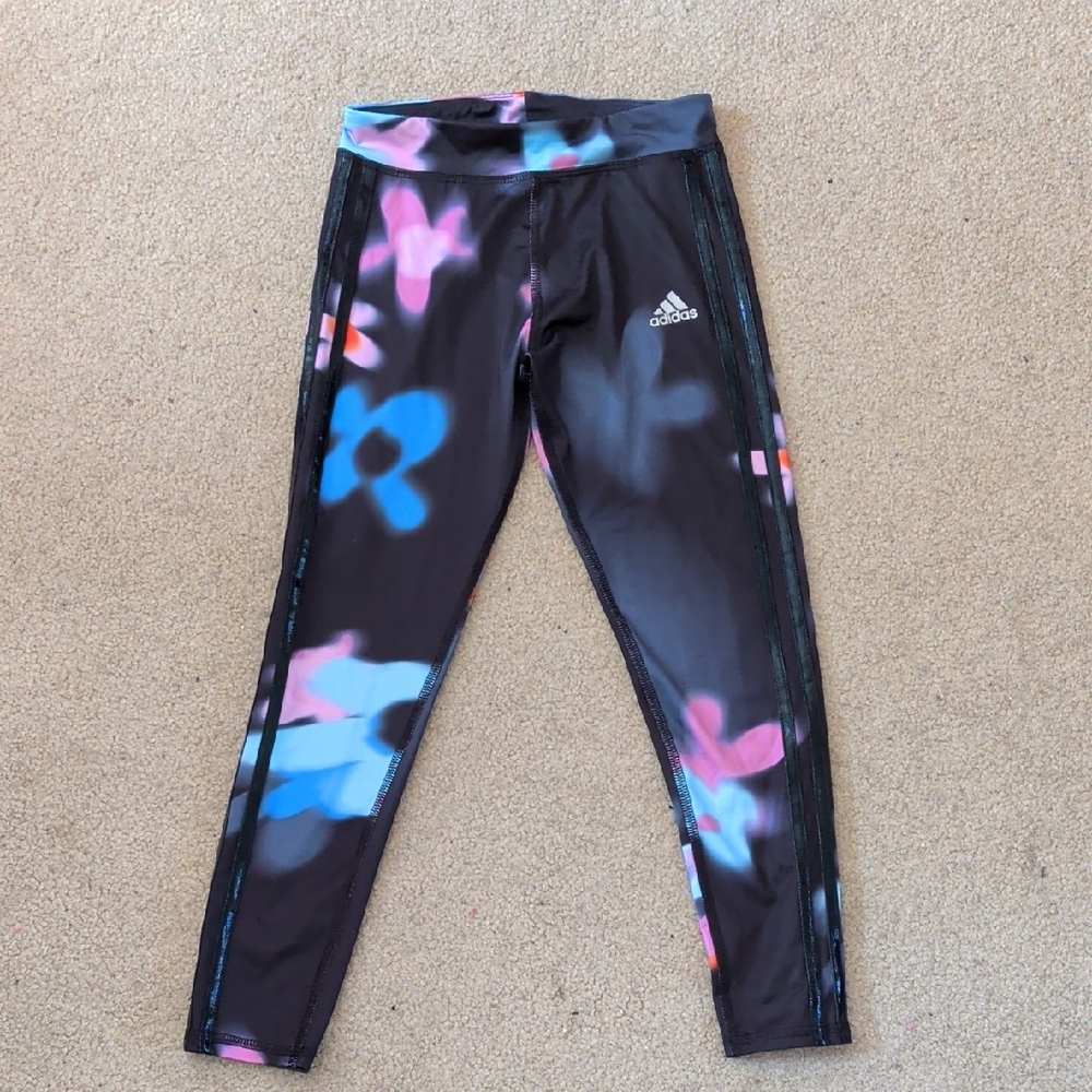 Adidas Special Edition Black Leggings with Pink & Blue Floral Accents